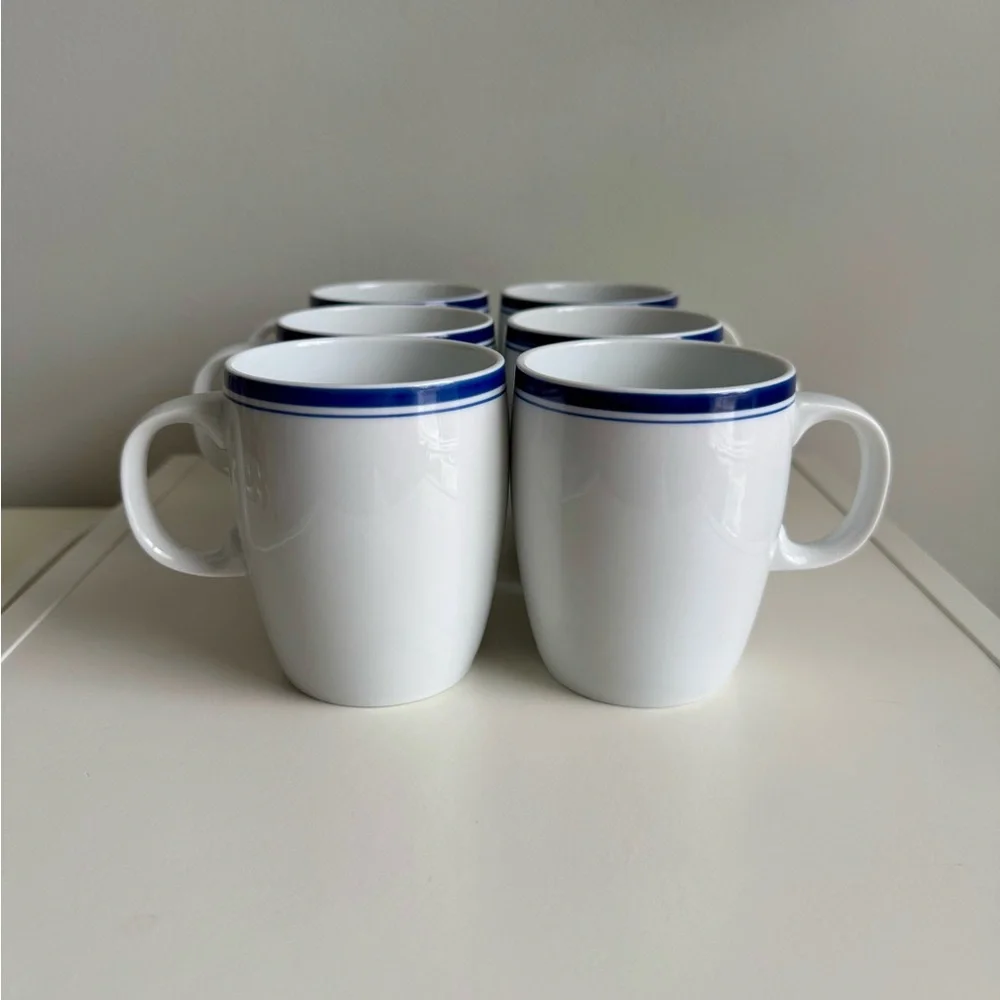 6 Brasserie by Crate & Barrel Porcelain Mugs White, Dark Blue Band, Pinstripe